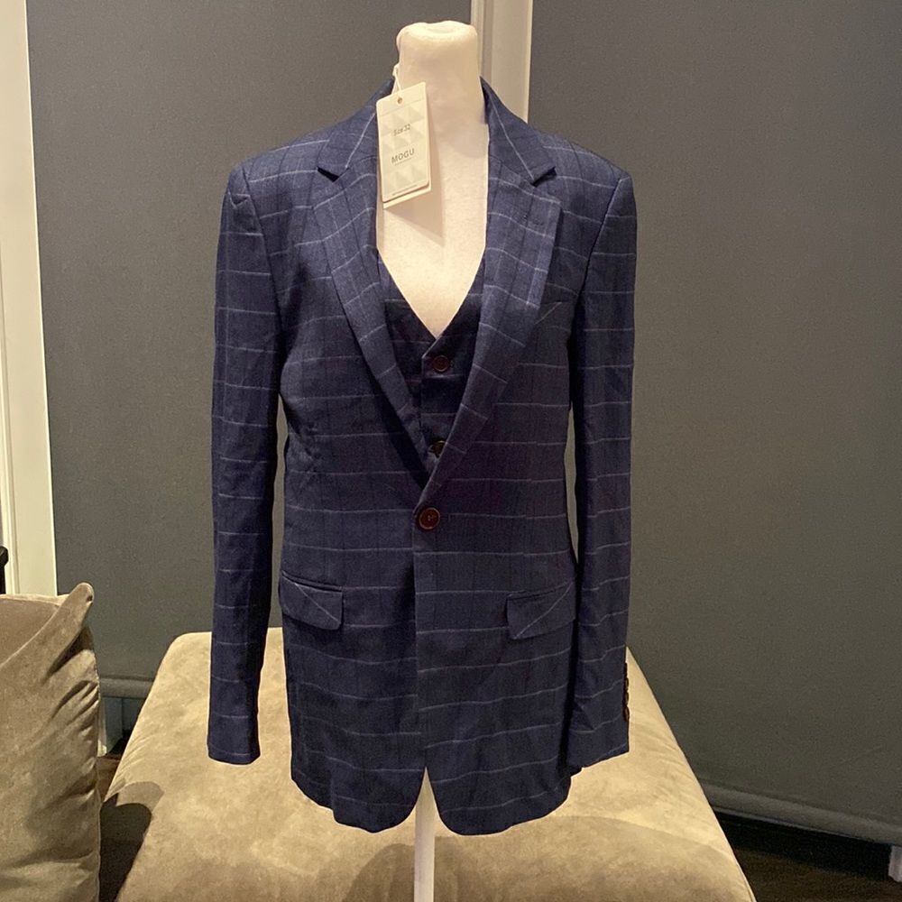 Men’s Plaid Suit Jacket & Vest Single Breasted One Button Business Size 32 NWT